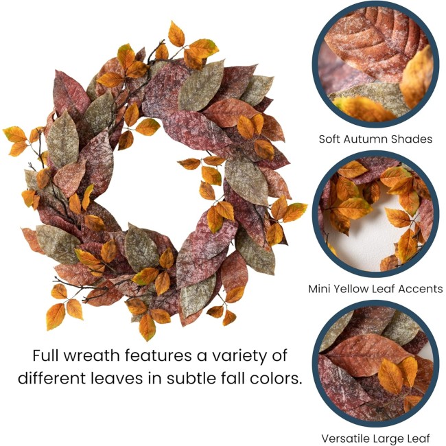  26" Warm Fall Mixed Leaf Wreath, Fall Wreath for Front Door Decor, Indoor & Outdoor Wreaths for Front Door, Entryway, Porch Décor