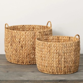  Handcrafted Tan Chevron Pattern Woven Basket Set of 2, Natural Textural Weave, Decorative Storage Basket, Perfect for Blankets, Organization, Toys and Gifts