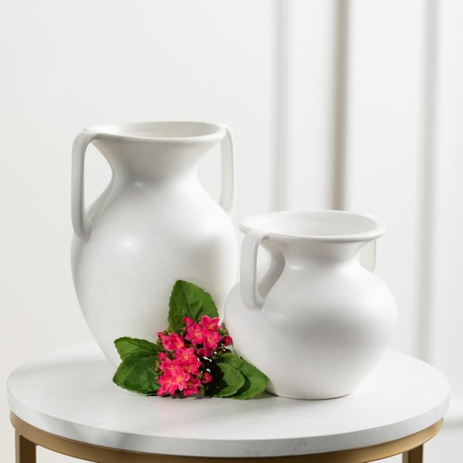  White Matte Smooth Ceramic Handled Urn Vase, Set of 2, Table Centerpiece Pedestal Vases for Flowers, Perfect for Wedding, Home, Office, Kitchen Decor