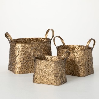  Brass Botanical Basket - Set of 3, Indoor Planter Pot, Kitchen, Living Room, and Office Home Décor