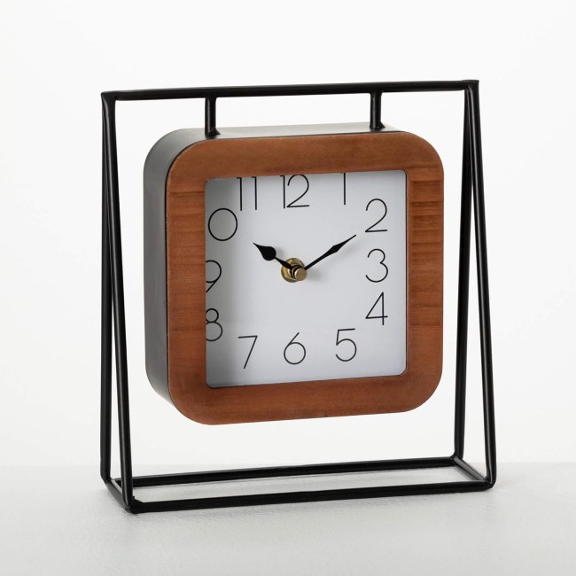  Black Metal Framed Wood Desk Clock, Black Cage Design with Wood Details, Perfect for Modern Workspaces, Bookshelf Decor in Home or Office