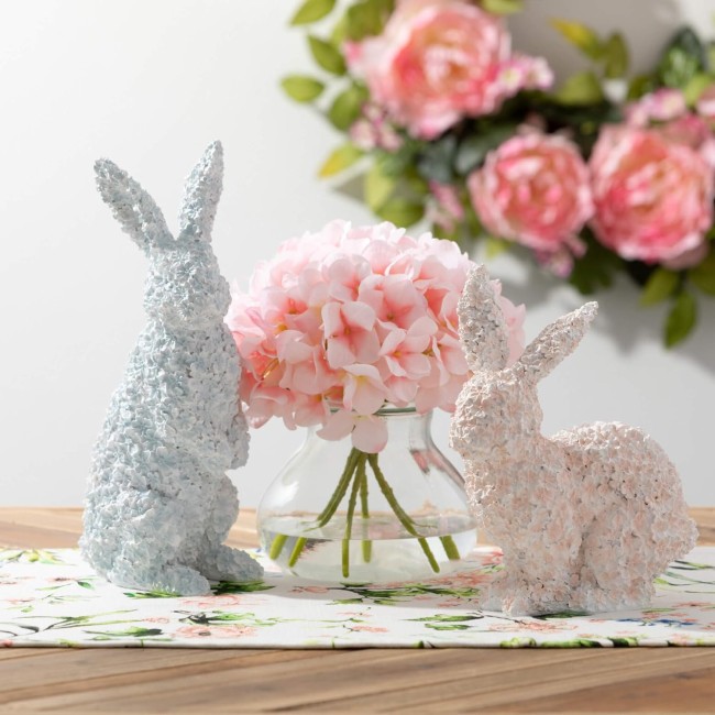 Sulivans Pink and Blue Floral Bunny Resin Figurine Set of 2, Perfect for a Table Centerpiece, Mantels and Shelf Decoration, Small Statue for Indoor Spring Decor for Home, Office, Patio