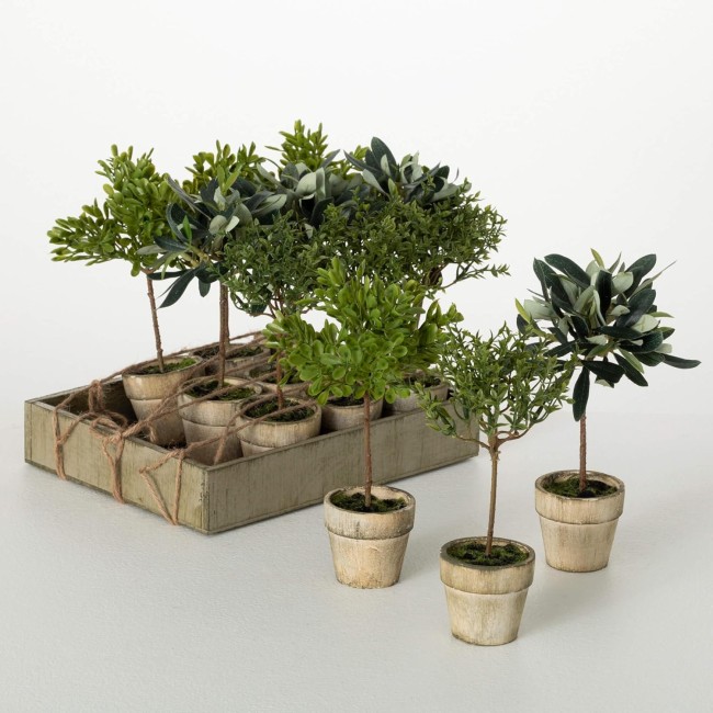  8.5" Artificial Potted Mini Tree Crate of 12, Everyday Home Decor, Artificial Plants Indoor, Artificial Greenery, Room, Kitchen, Office, & Bathroom Décor, Fake Plants