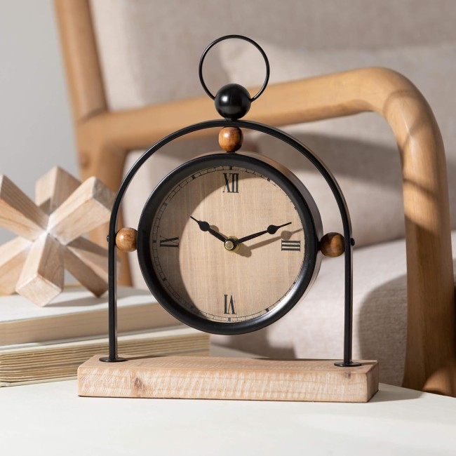  Floating Black Metal Sphere Clock on Wooden Block, Desk Clock, Perfect for Modern Workspaces, Bookshelf Decor in Home or Office