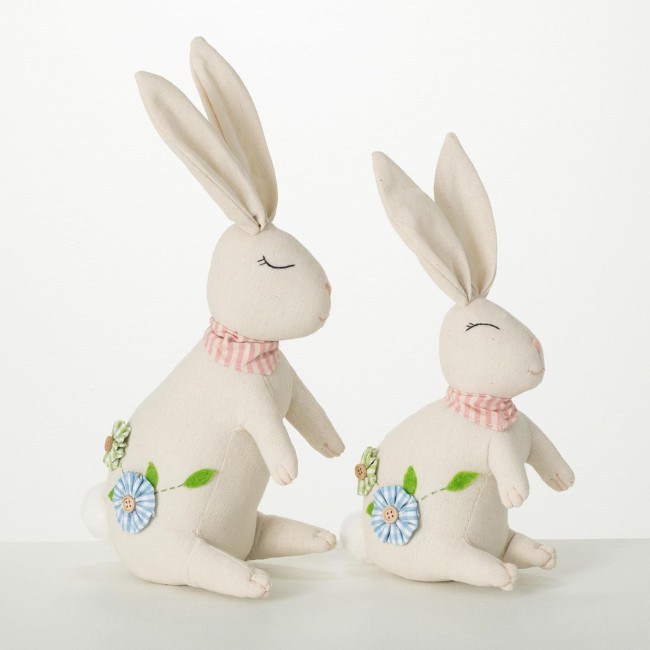 Sulivans Resting White Bunny with Flowers Set of 2, Perfect for a Table Centerpiece, Mantels and Shelf Decoration, Small Statue for Indoor Spring Decor for Home, Office, Patio