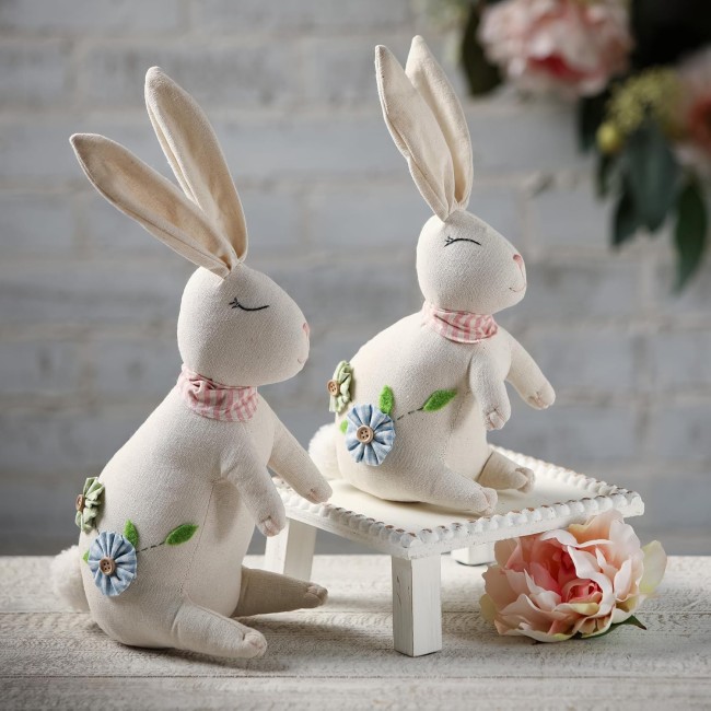 Sulivans Resting White Bunny with Flowers Set of 2, Perfect for a Table Centerpiece, Mantels and Shelf Decoration, Small Statue for Indoor Spring Decor for Home, Office, Patio