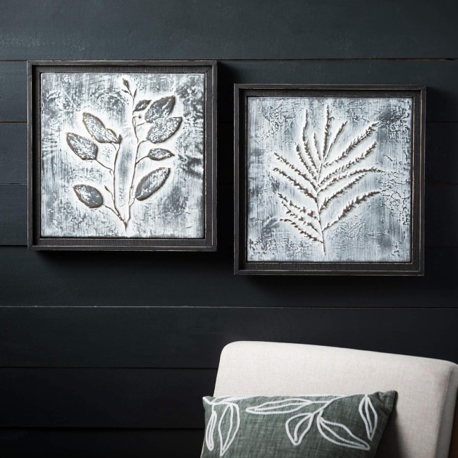  Black Metal Framed Raised Leaf Wall Art Decor Set of 2, Rustic Vintage Farmhouse Artwork Decoration, Perfect for Office, Living Rooms, Dining Rooms, Kitchens and Bathrooms