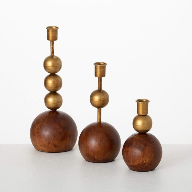  Gold & Wood Orb Taper Candle Holder Set of 3, Decorative Candle Holders for Table Centerpiece, Perfect for Home Decor, Weddings, Dinning and Gifts