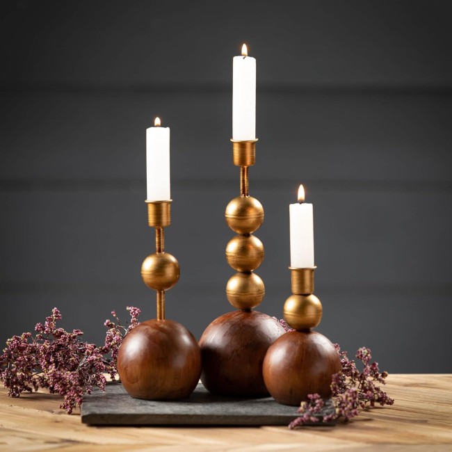  Gold & Wood Orb Taper Candle Holder Set of 3, Decorative Candle Holders for Table Centerpiece, Perfect for Home Decor, Weddings, Dinning and Gifts