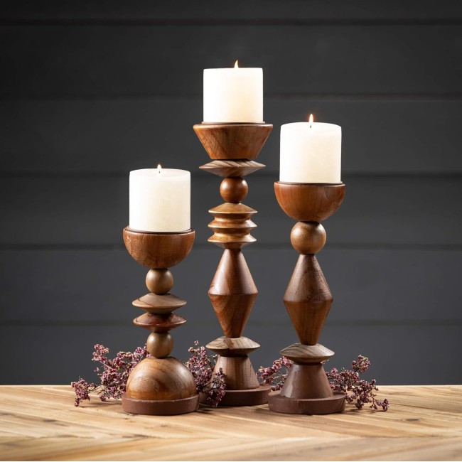  Retro Wood Pillar Candle Holder Set of 3, Natural Wood Decorative Candle Holders for Table Centerpiece, Perfect for Home Decor, Weddings, Dinning and Gifts