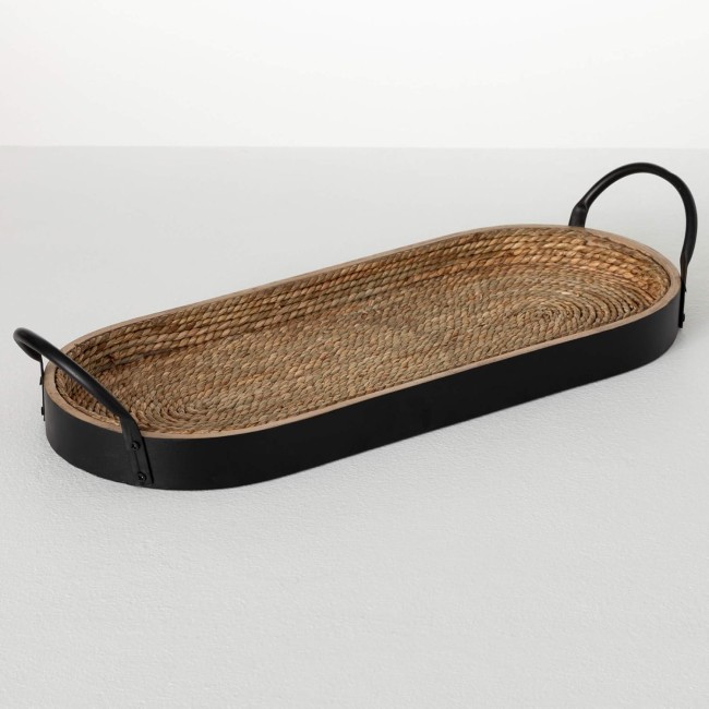  Black & Natural Oval Wood and Woven Seagrass Serving Tray with Black Metal Handles, Decorative Ottoman Serving Tray, Coffee Table Tray, Perfect for Home, Office, Kitchen Decor