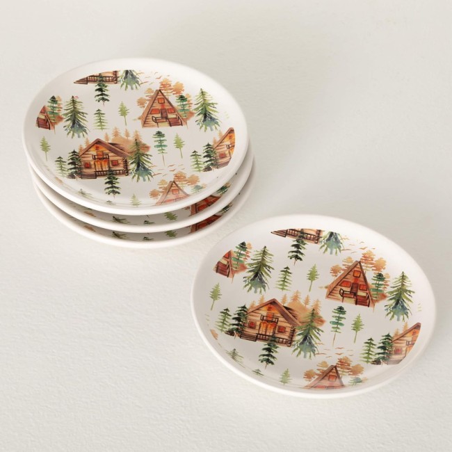  Rustic Cabin Snack Plate Snack Plate Set of 4 Christmas Salad Plate, Dessert and Appetizer Plates,Vintage Style Dinnerware, Holiday Dishes, 8x8-Inches