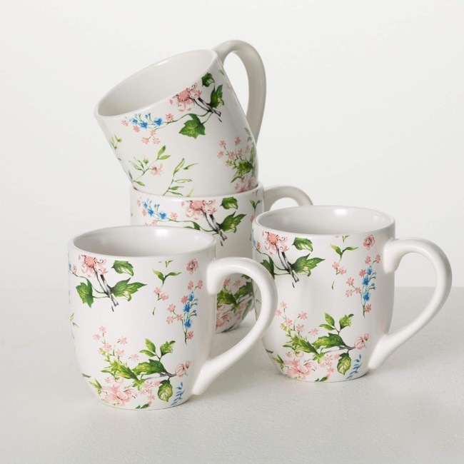  Peacock and Floral Ceramic Mugs, Set of 4, Coffee Cups Handles, Modern, Boho, Unique Style For Any Kitchen