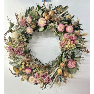 Decorative Spring Wreaths for Front Door 16 Inches, Dried Flower Summer Wreath with Pink Hydrangea and Eucalyptus Leaves, Floral Wreath for Home Wall Wedding Festival Farmhouse Decorations