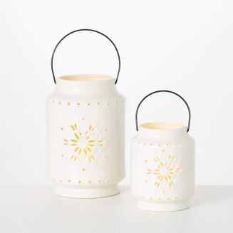 White Snowflake LED Lantern Set of 2, Candle Like Lanterns Decor, Winter Home Decor for Living Room, Kitchen, Entryway Decor