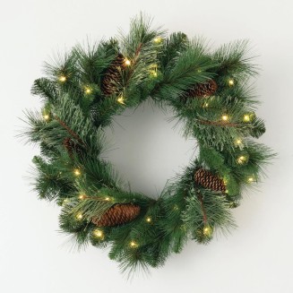  Prelit 24" Christmas Wreath, Christmas Decor, Christmas Door Wreath with Lights, Lighted Pine Christmas Wreath, Christmas Decorations, White Lights, Pinecones, Battery Timer, Holiday Decor