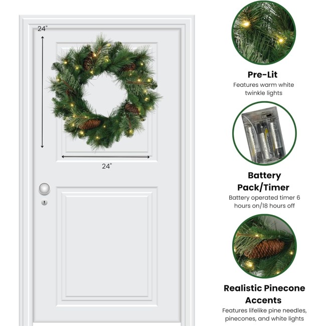  Prelit 24" Christmas Wreath, Christmas Decor, Christmas Door Wreath with Lights, Lighted Pine Christmas Wreath, Christmas Decorations, White Lights, Pinecones, Battery Timer, Holiday Decor