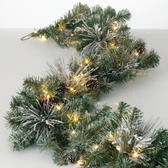  9' Prelit Christmas Garland, Christmas Decor, Garland Christmas Decorations, Artificial Flocked Pine Garland For Mantle with Lights, Pinecones, Battery Timer, and Gold Accents, Holiday Decor