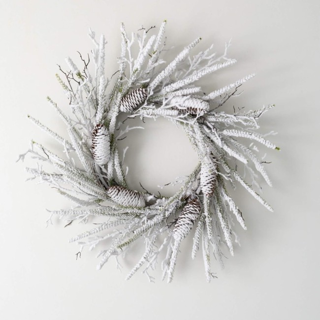  24" Flocked Pine Twig Wreath, Christmas Wreath, Front Decor Decor, Perfect for Fireplace Mantels, Dining and Living Rooms