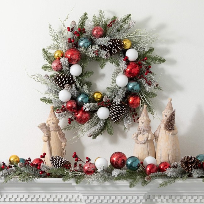  24" Shiny Ball Frosted Pine Wreath, Christmas Wreath, Front Decor Decor, Perfect for Fireplace Mantels, Dining and Living Rooms