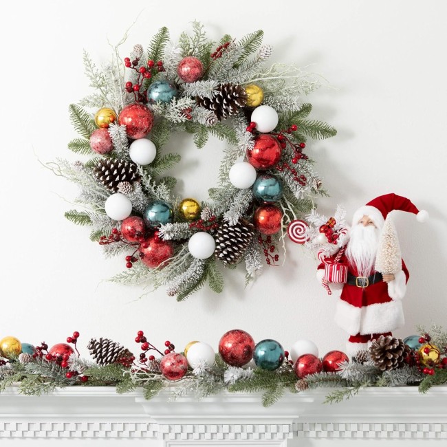  24" Shiny Ball Frosted Pine Wreath, Christmas Wreath, Front Decor Decor, Perfect for Fireplace Mantels, Dining and Living Rooms