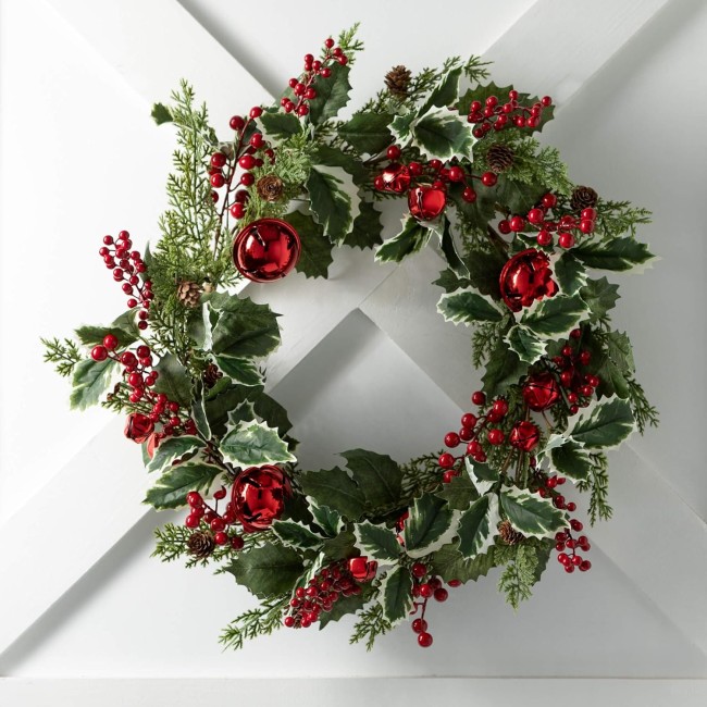  24" Jingle Bell Holly Pine Wreath, Christmas Wreath, Front Decor Decor, Perfect for Fireplace Mantels, Dining and Living Rooms