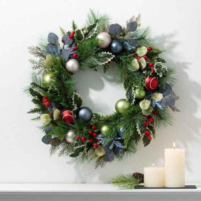  26" Christmas Ball Mixed Wreath, Christmas Wreath, Front Decor Decor, Perfect for Fireplace Mantels, Dining and Living Rooms