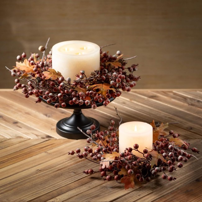  14.75" Fall Berry Leaf Accent Ring, Mini Wreath, Candle Ring, Table Decor, Perfect for Fireplace Mantels, Dining and Living Rooms