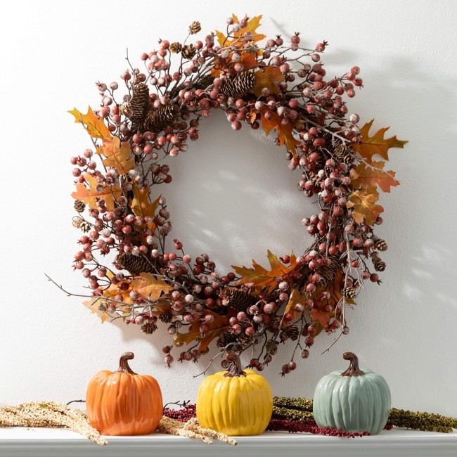  24" Rustic Fall Berry Leaf Wreath, Fall Wreath for Front Door Decor, Perfect for Fireplace Mantels, Dining and Living Rooms