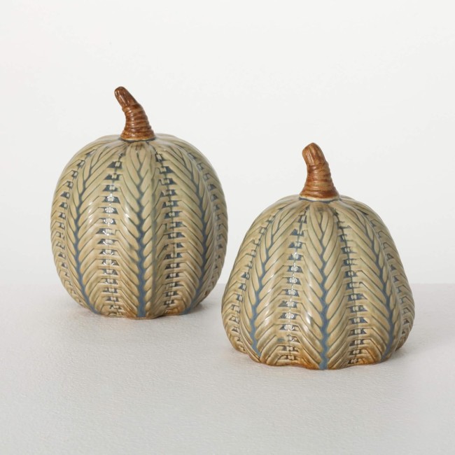  Blue Brushed Green Pumpkin Set of 3, Fall Decorative Small Pumpkins, Perfect for Halloween Thanksgiving Harvest Decorating for Mantels and Tabletops