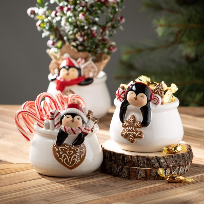  Whimsical Penguin Containers, Set of 3, Christmas Decorations Candy Dish for Tables, Counters, Small Ceramic Christmas Containers Gifts