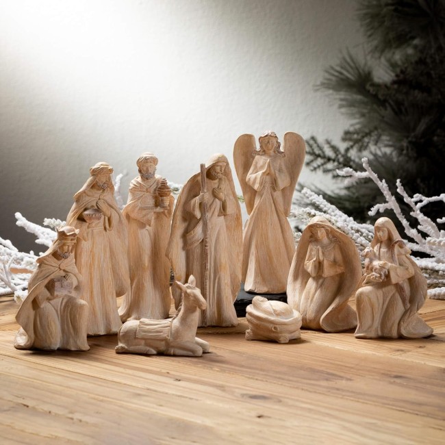  Gray 9-Piece Neutral Nativity, Christmas Mother Mary, Jesus, Joseph, Traditional Christmas Story Nativity Scene Collectible Gift