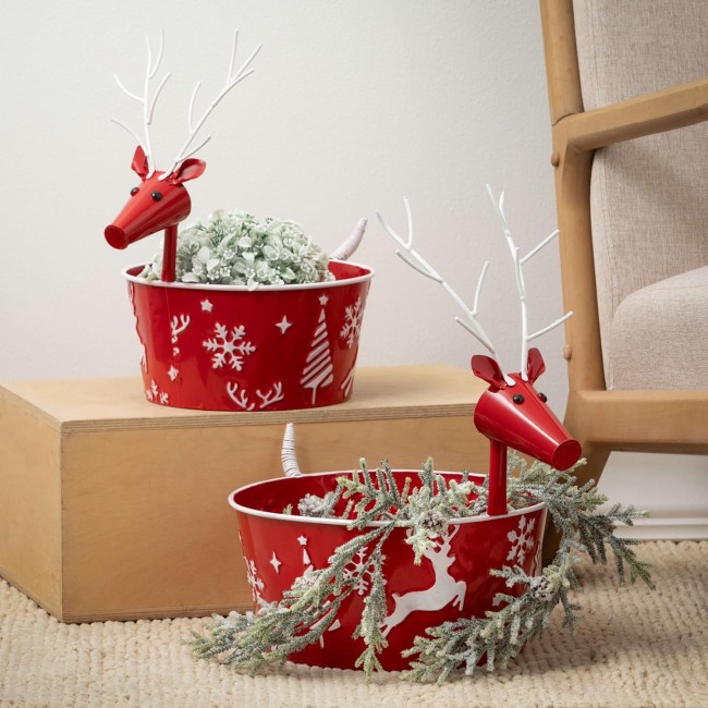  White Embellished Red Reindeer Pots, Holiday Plant and Flower Pots for Garden Patio Entryway Décor and Gifts, Christmas Containers