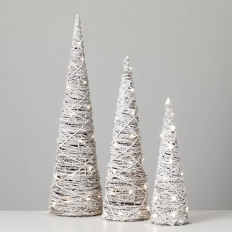  White Lighted Frosted Cone Trees Set of 3, Christmas Decorative Mini Trees for Bookshelf, Shelf and Mantel Holiday Figurines for Office, Table or Desk