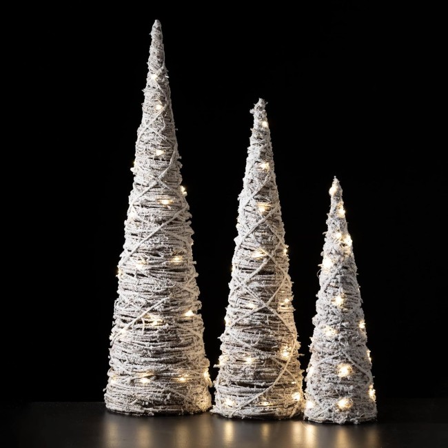  White Lighted Frosted Cone Trees Set of 3, Christmas Decorative Mini Trees for Bookshelf, Shelf and Mantel Holiday Figurines for Office, Table or Desk