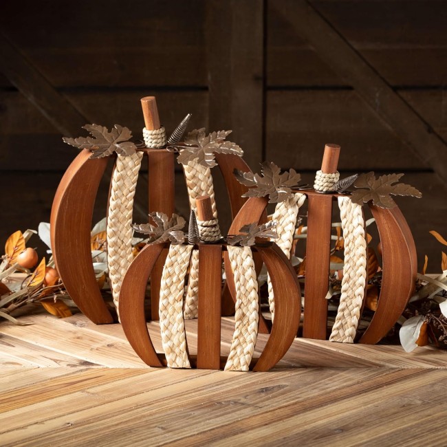  Orange Wood Pumpkin Decor Set, Fall Decorative Small Pumpkins, Perfect for Halloween Thanksgiving Harvest Decorating for Mantels and Tabletops